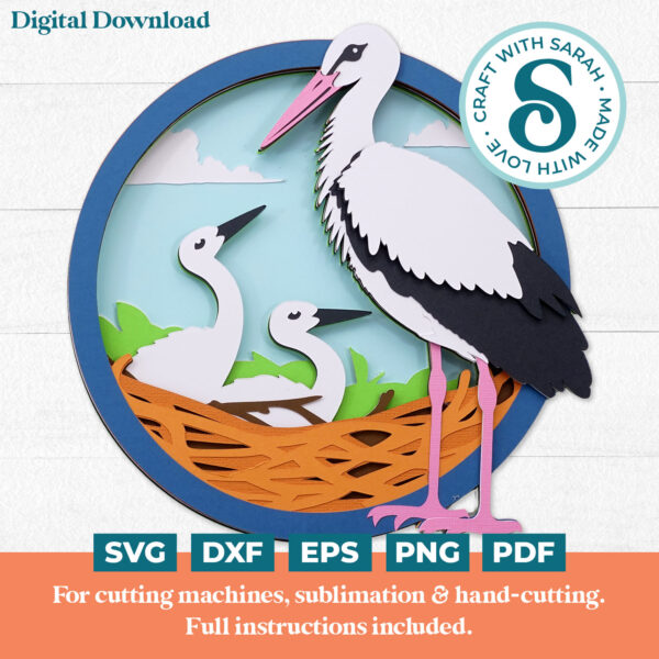 Stork with Chicks SVG (Stork Bird with Background)