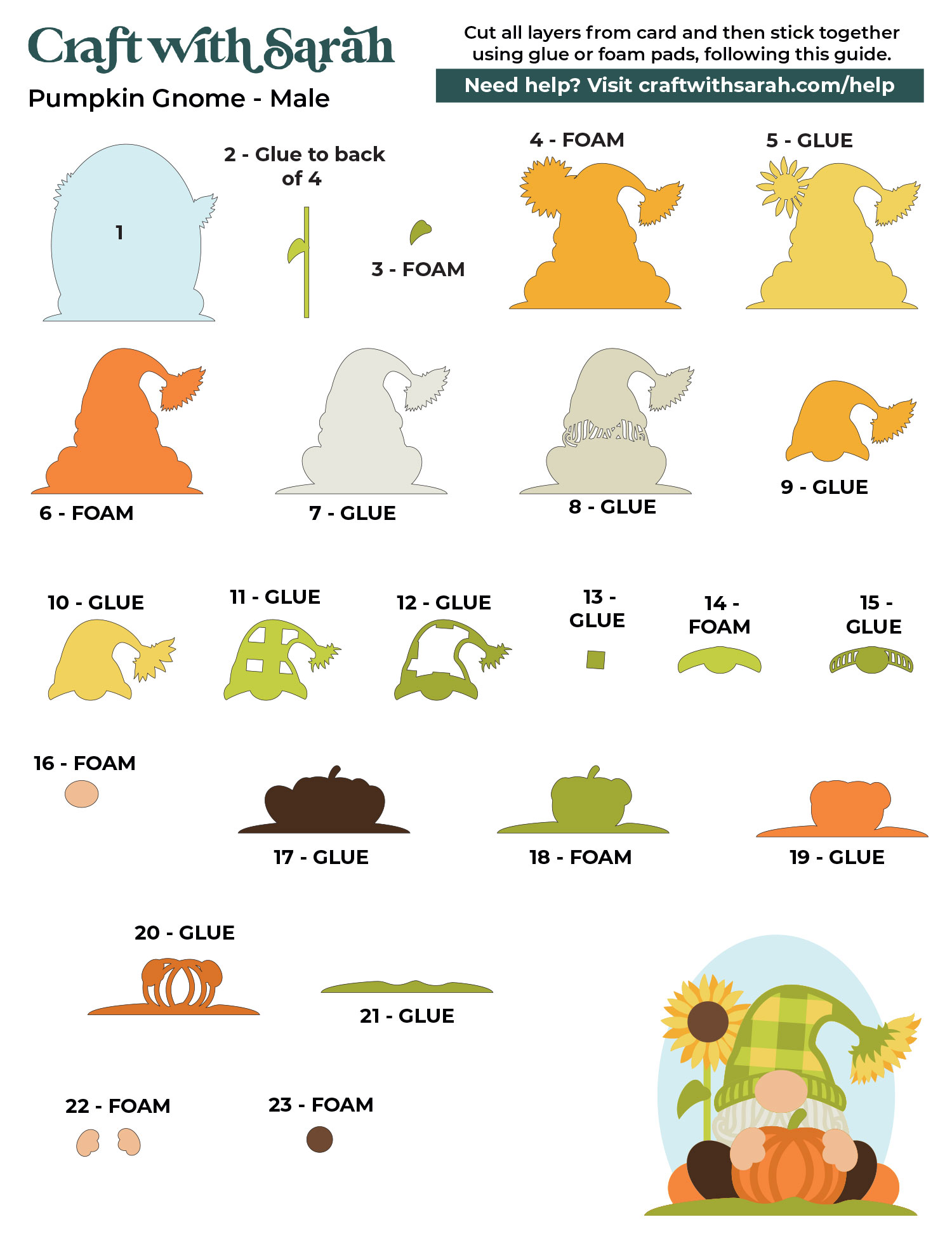 Assembly guide instructions for male pumpkin patch gnome SVG Cricut project