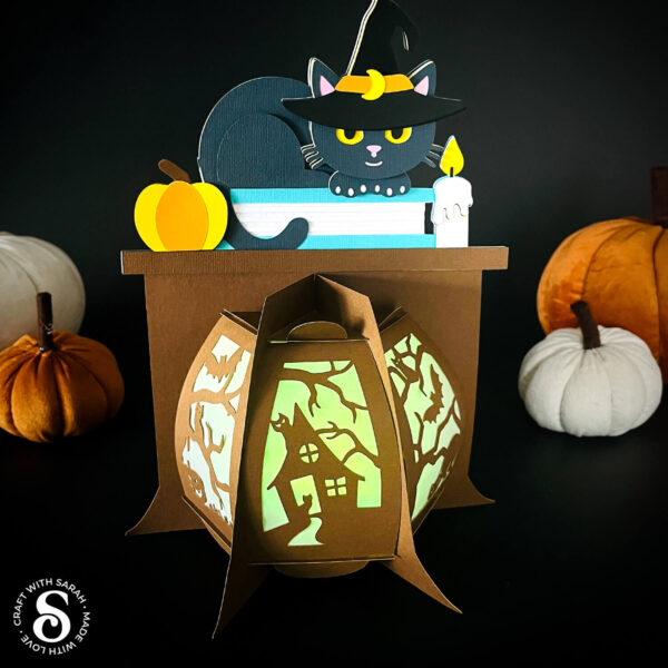 Halloween lantern SVG with a spooky black cat design