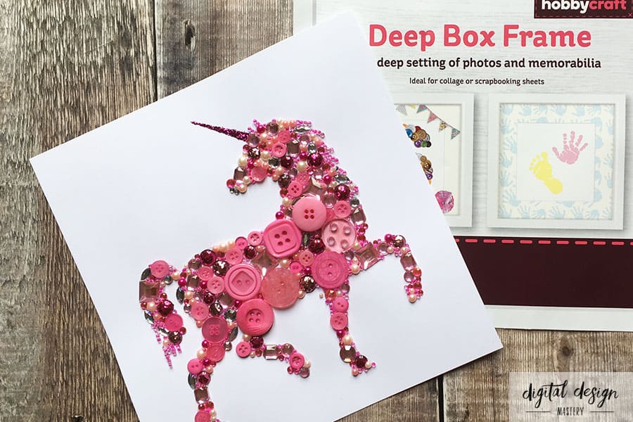 Unicorn button art with Hobbycraft box frame