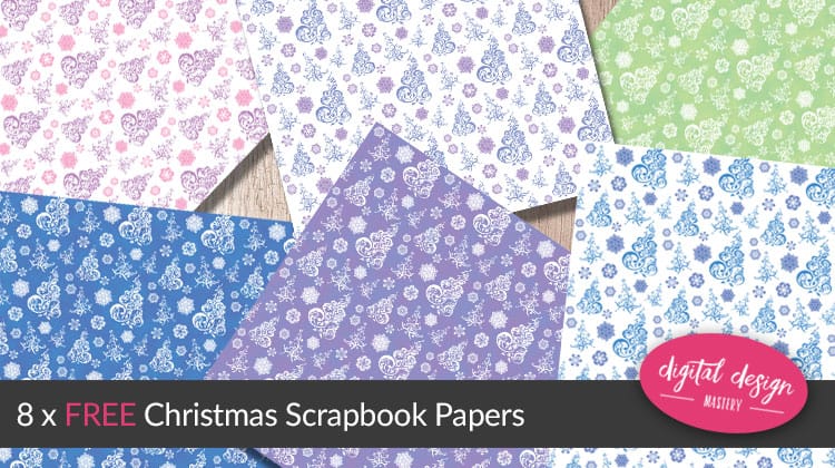 Free Christmas scrapbook papers covered in snowflakes and Christmas trees