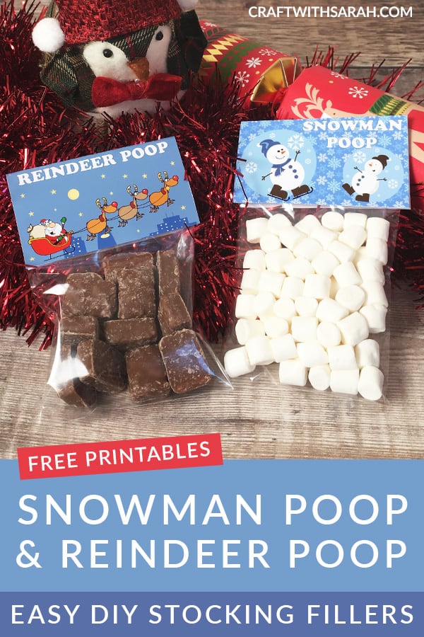 Quick and easy chocolate stocking fillers for kids. Free printables are included for both Reindeer Poop and Snowman Poop stocking fillers. Make these easy DIY stocking fillers for Christmas from Santa. #freeprintables #stockingfillers #digitaldesignmastery