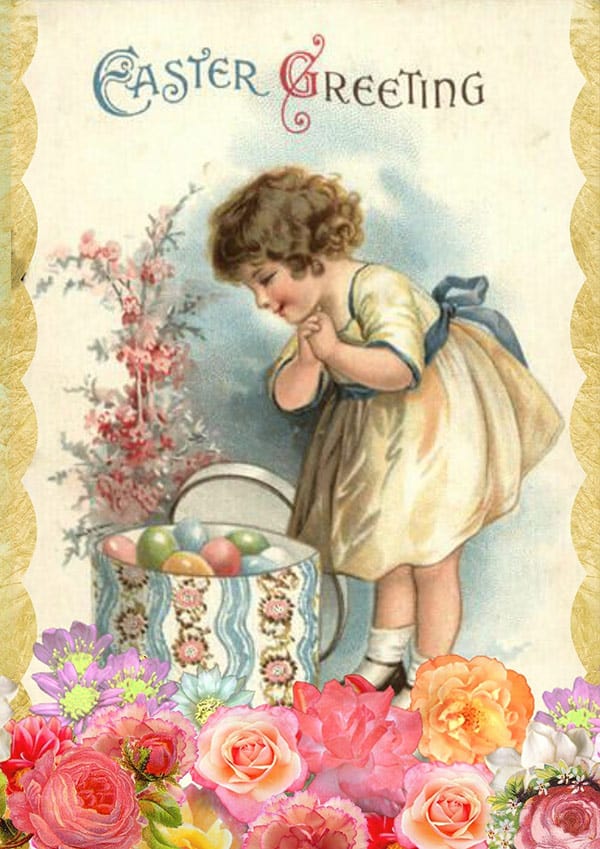Vintage Easter Greetings card design with a little girl and roses