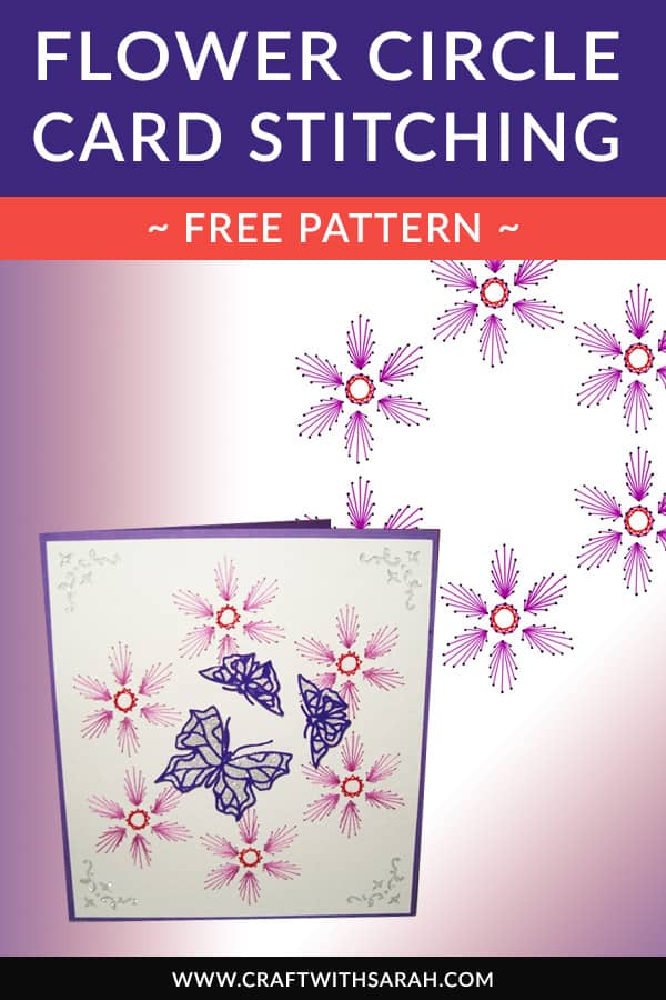 Craft a pretty floral handmade card with this flower circle stitching pattern. Flowers & butterflies handmade card ideas. Download the card stitching patterns for free. #embroidery #handmadecards