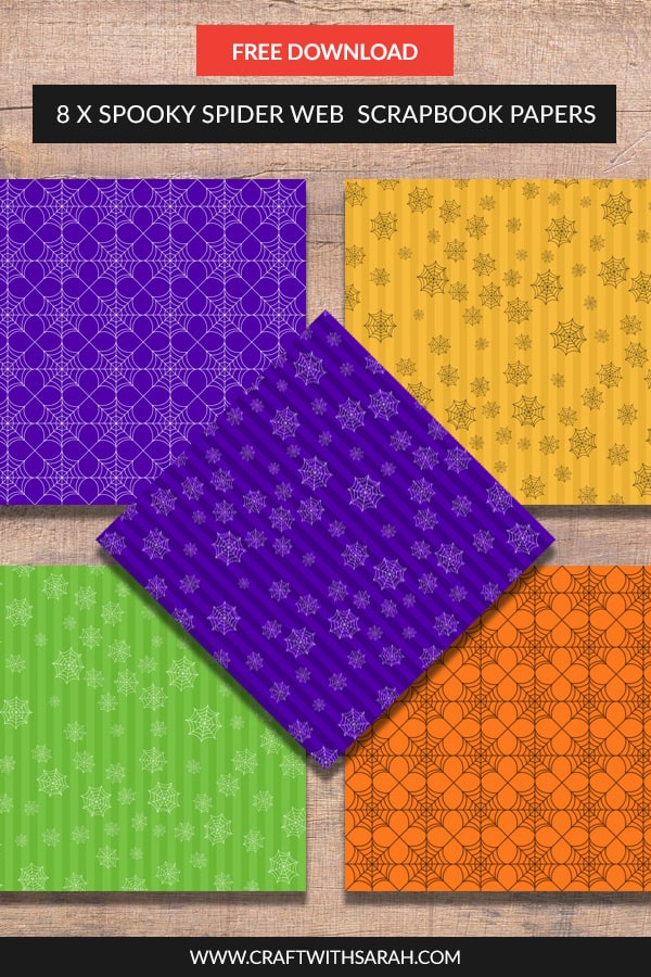 Add to your stash of #scrapbooking papers with this free collection of eight 12x12 inch bright coloured spooky spider Halloween scrapbook papers. #halloween #halloweencraft #scrapbook #freepapers