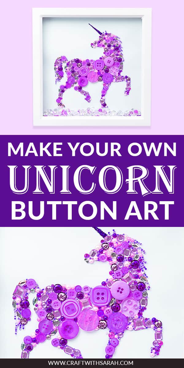 Unicorn button art frame. Learn how to DIY button art with this unicorn frame for nurseries. Make your own unicorn art with this fun unicorn craft project. #buttonart #unicornart