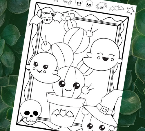 Kawaii Cacti Halloween Coloring Page