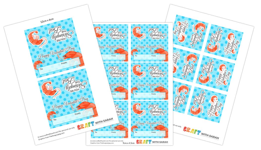 Shrimp themed Valentine's Day printable for kids in three different sizes