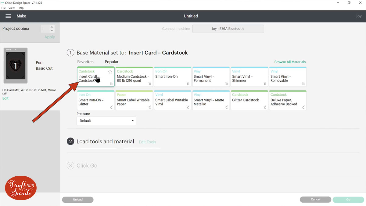 Choose insert card as the material type