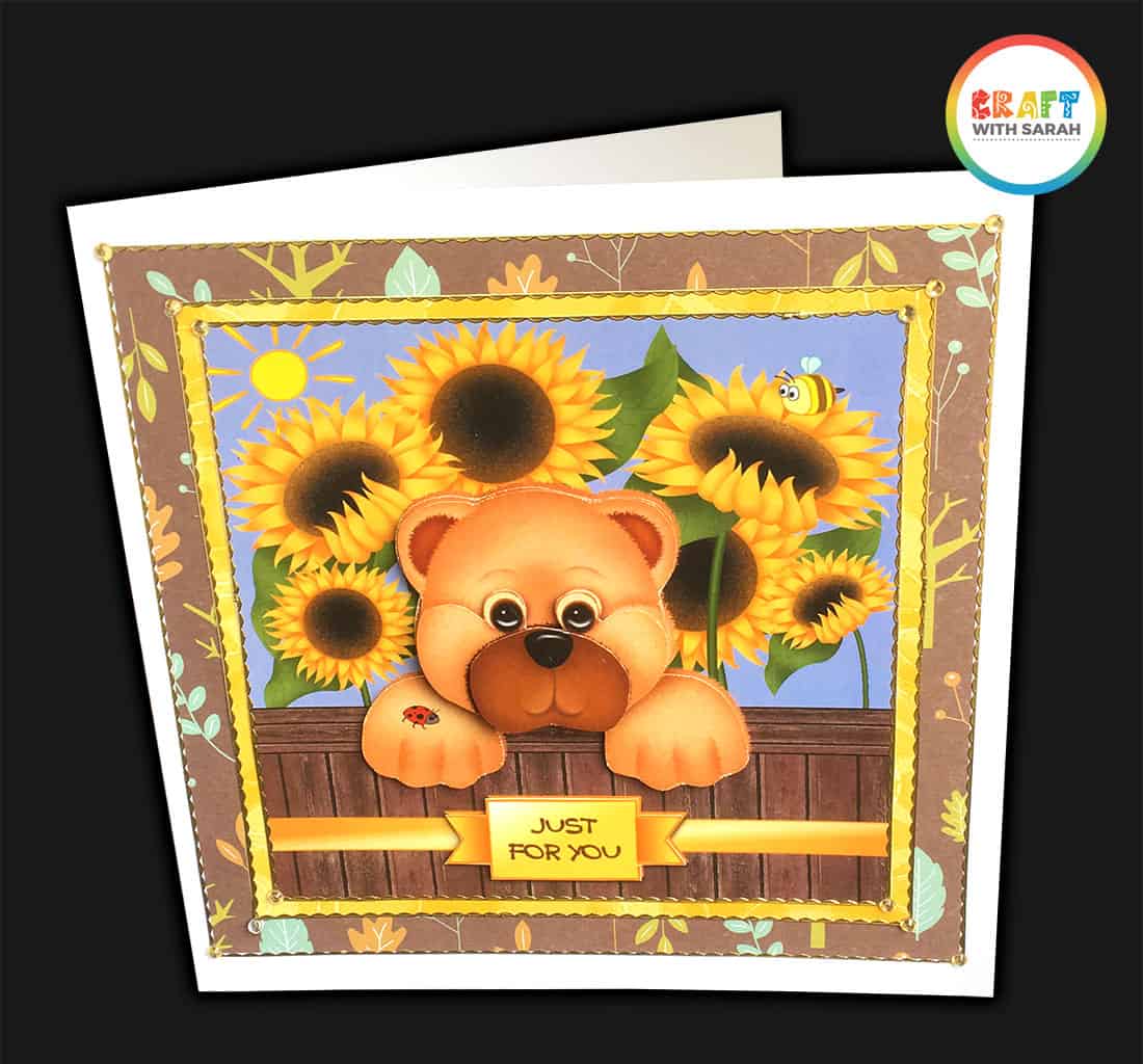 Finished teddy bear handmade card with border peel-off stickers and gemstones added