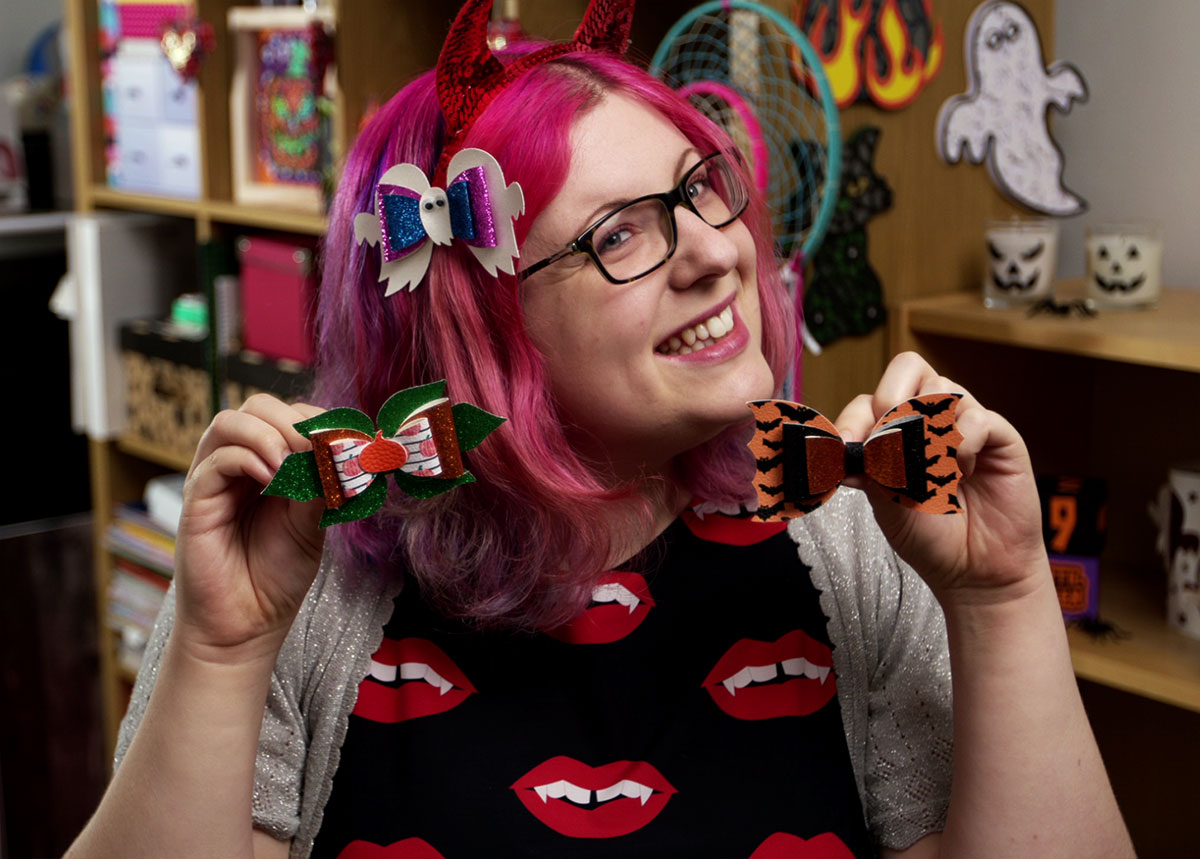 Sarah with Halloween hair bows