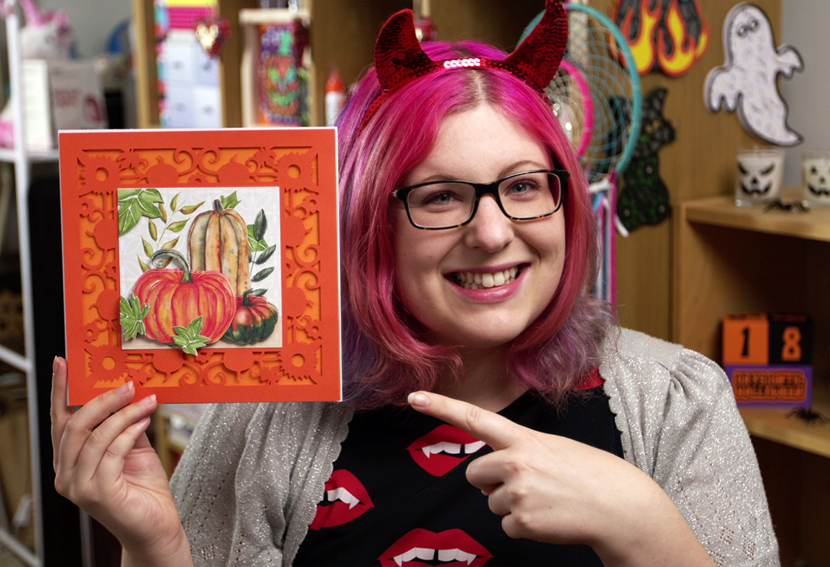 Sarah with Halloween pumpkins card