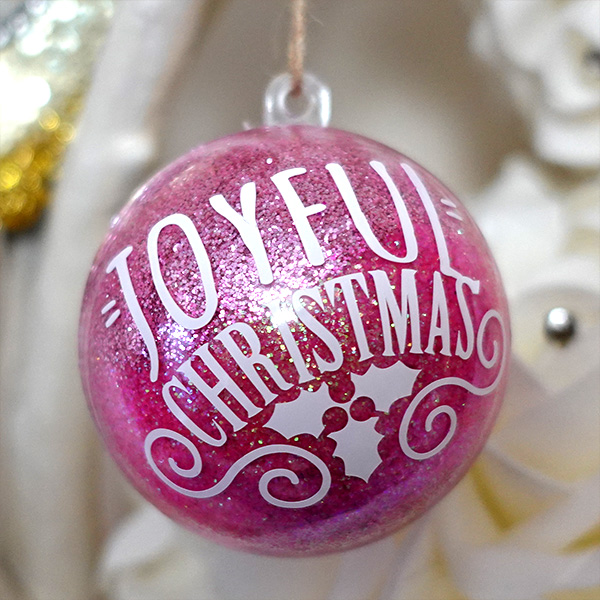 Pink glitter bauble with Cricut vinyl