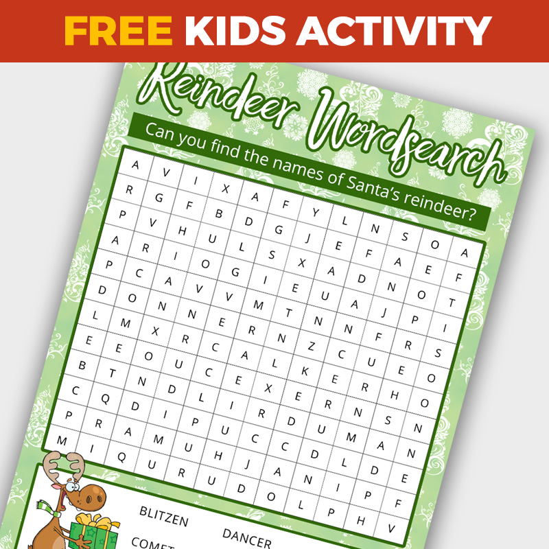 Free Santa’s Reindeer Wordsearch Printable