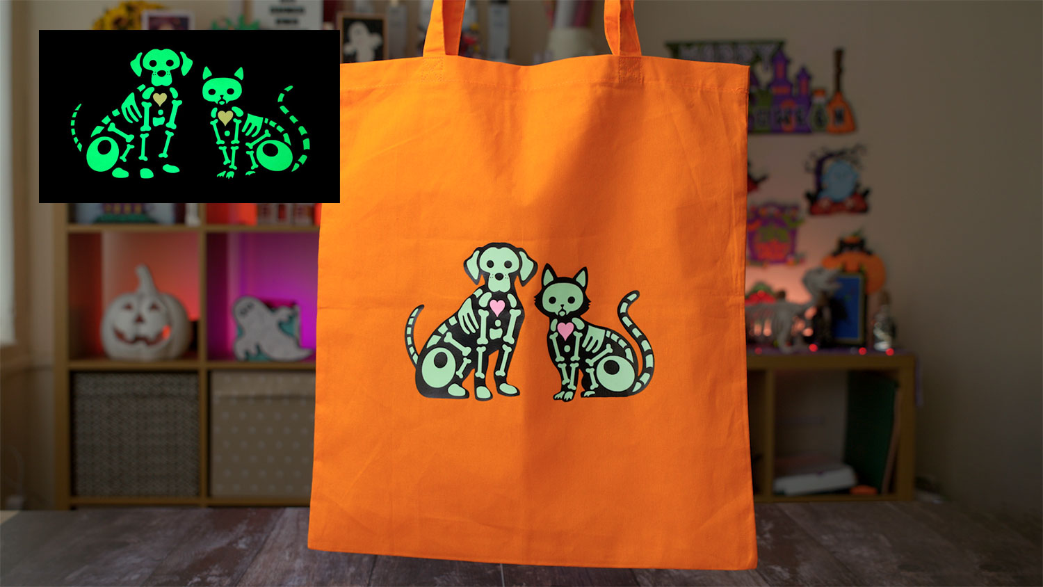 Halloween Skeleton Tote Bags with Glow in the Dark HTV