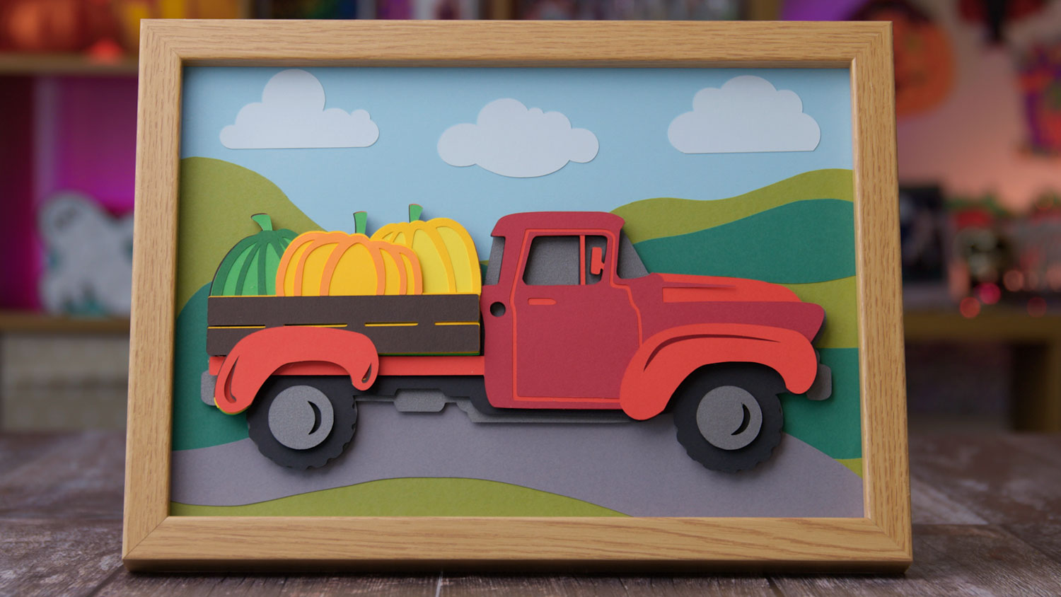 Free Layered Red Truck SVG with Pumpkins